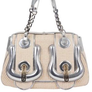 Fendi Straw and Silver B Double Buckle Bag